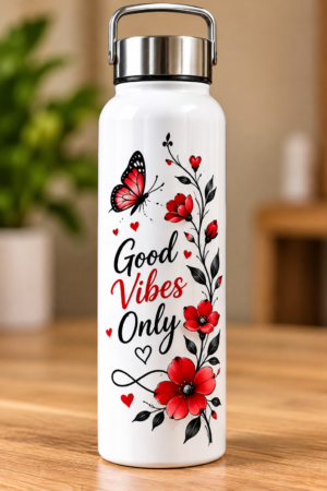 White Floral Water Bottle with Red Flowers & Butterfly – Good Vibes Only