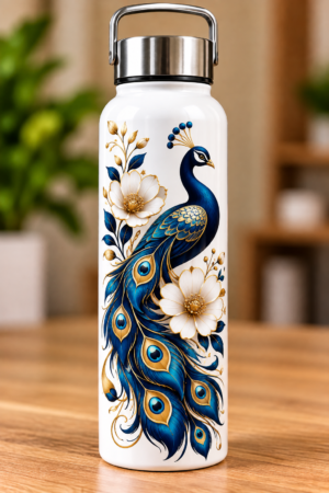 Elegant Peacock Feather Water Bottle with Blue & Gold Floral Design