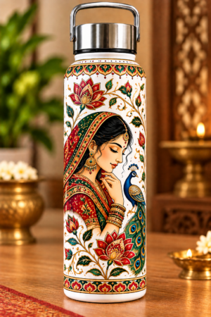 Traditional Indian Woman & Peacock Printed Water Bottle – Lotus Floral Art Design