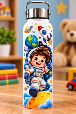 Kids Astronaut Space Adventure Printed Water Bottle – Rocket & Planet Design