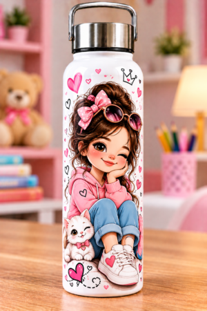Girls Cartoon Printed Water Bottle – Cute Girl Design
